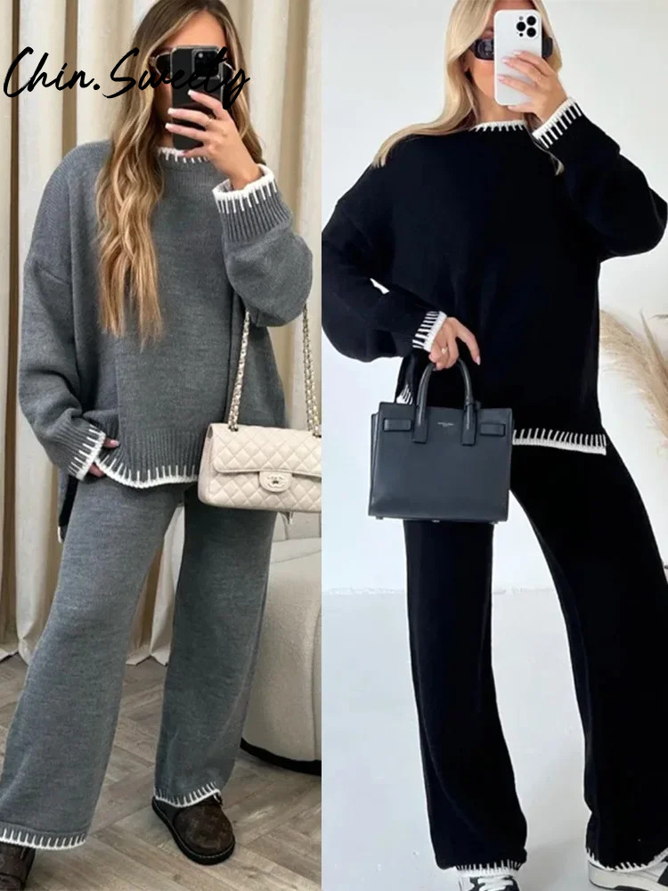 Casual Striped Knitted Set Women Elegant Split Pullover Sweater Elastic High Waist Straight Trousers Lady Outfit Autumn 2024