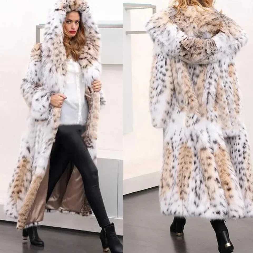 Womens winter warm thick new mink coat medium long leopard print long synthetic fox mink coat hooded loose fitting womens coat W241010