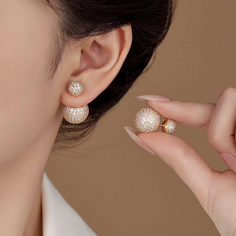 New Light High end Round Ball with Micro inlaid Zirconia Zircon Stones, Wearing Earstuds in Front and Back, Women's Style Earrings