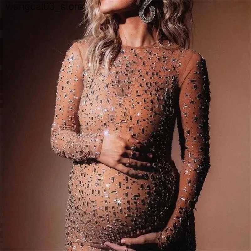 Maternity Dresses Mesh Maternity Photography Gown Sparkling Rhinestone Elastic Sexy Dress Transparent Pregnant Women Dress For Photo Shoot L240910
