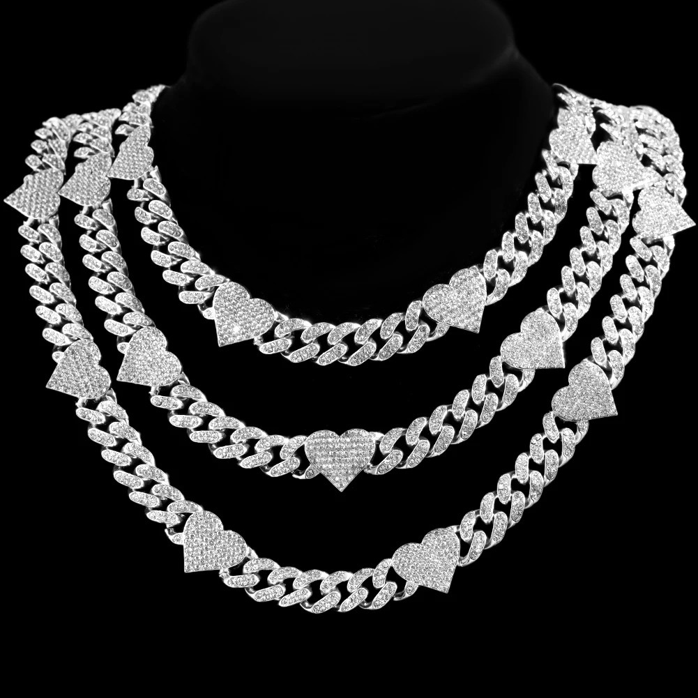 Iced Out Hip Hop Heart Cuban Link Chain Womens Micro Water Dia Paving Necklace Set Fashion Jewelry High Quality 240927