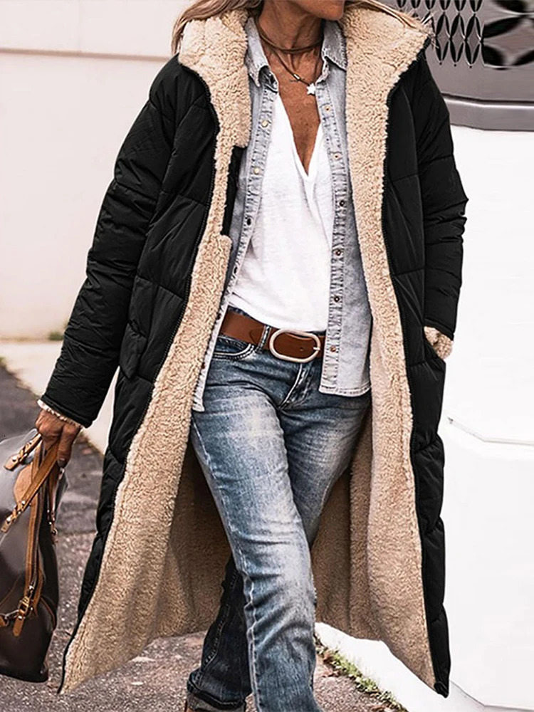 Womens cashmere lined bedding park jacket hooded sweatshirt long sleeved paddle jacket womens winter fashion womens clothing 241007