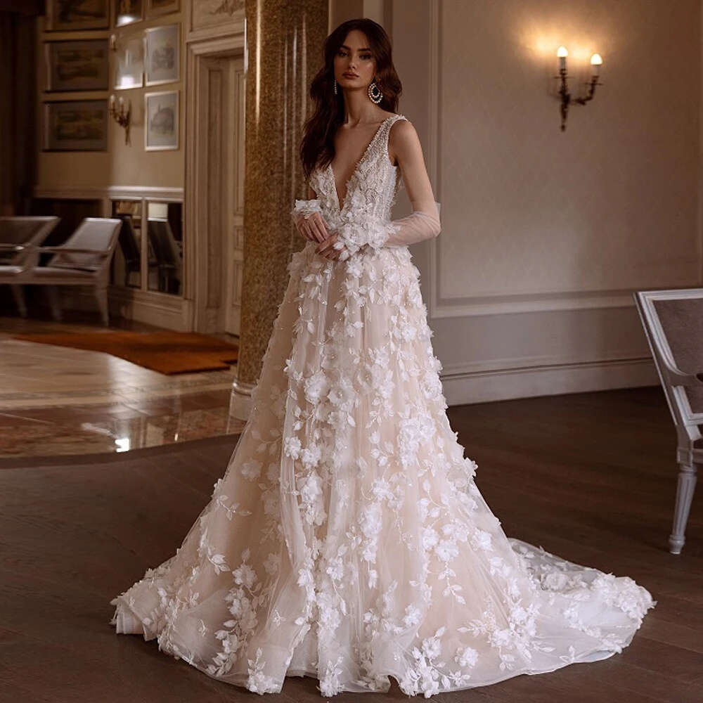 Sexy A-e Wedding Dress 2024 Deep V Neck With Detachable Sleeves Bridal Gown Custom Made High Quality Princess Bride Dresses