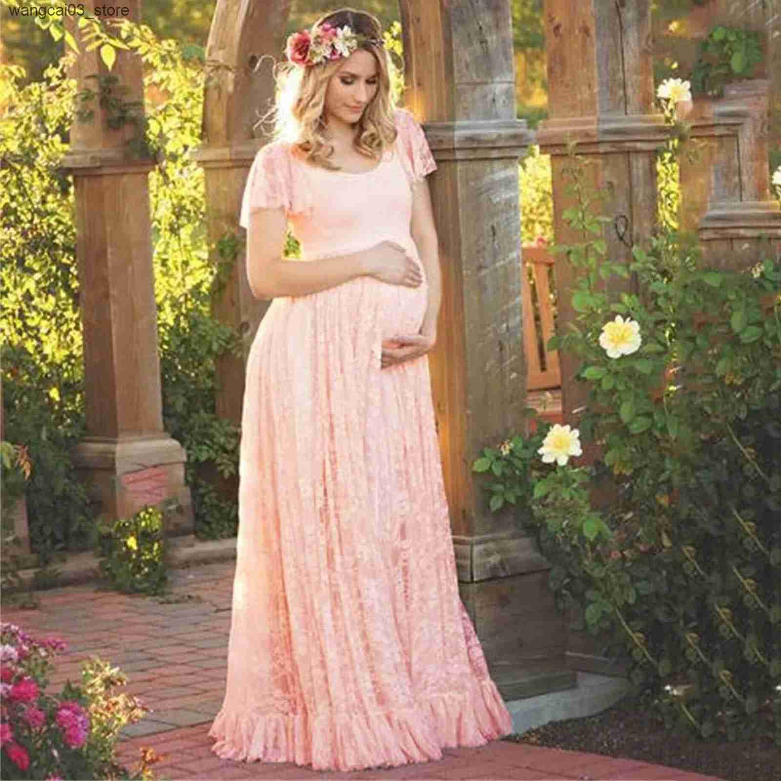 Maternity Dresses Maternity Lace Dress Womens Pregnancy Ruffles Short Sleeved Long Dress Elegant Photography Solid Color Dress PhotoShoot Dress L24091