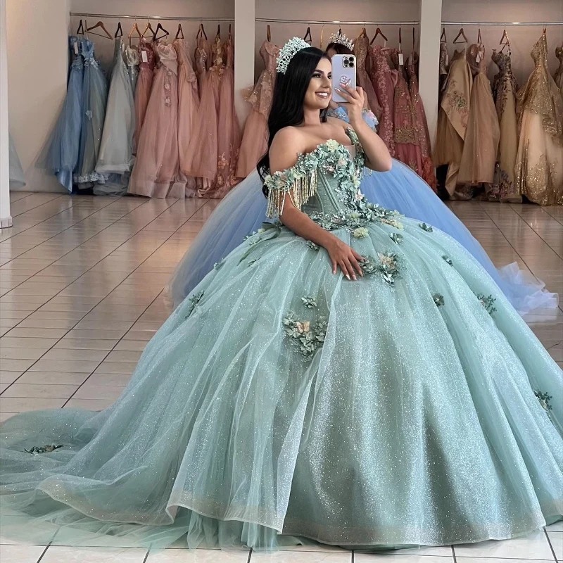 Light Green Shiny Princess Quinceanera Dresses Off The Shoulder Flower Applique Beads Ball Gown Sweet 16 Dress Vestidos De 15 Anos Pageant