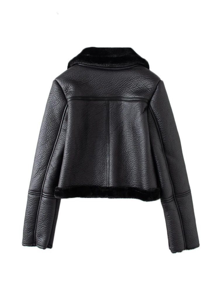Streetwear Women Thick Warm Faux Leather Fur Short Jacket Autumn Winter Female Zipper Moto Biker Coat Outwear Tops 240930