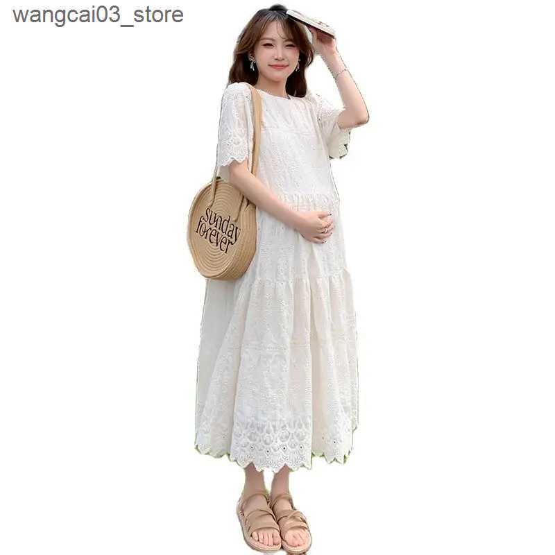 Maternity Dresses 2024 Pregnant Woman Lace Dress Summer Short Sleeve O-Neck Hollow Out Maternity Cotton Dress Sweet Long Loose Princess Clothes L24091