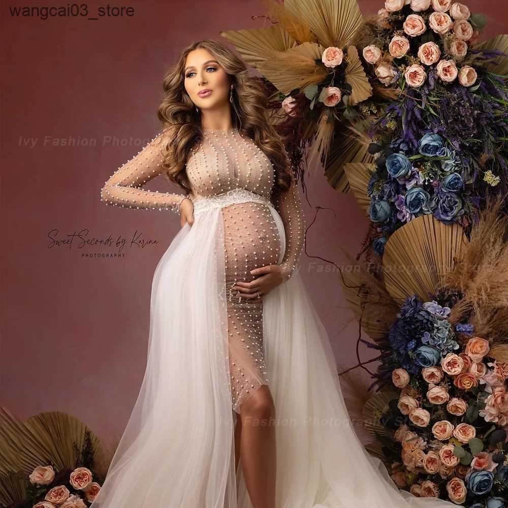 Maternity Dresses Maternity Photography Props Dress Transparent Tulle Pearl Pregnancy Dress Sexy Clothes For Pregnant Women L240910 L240910