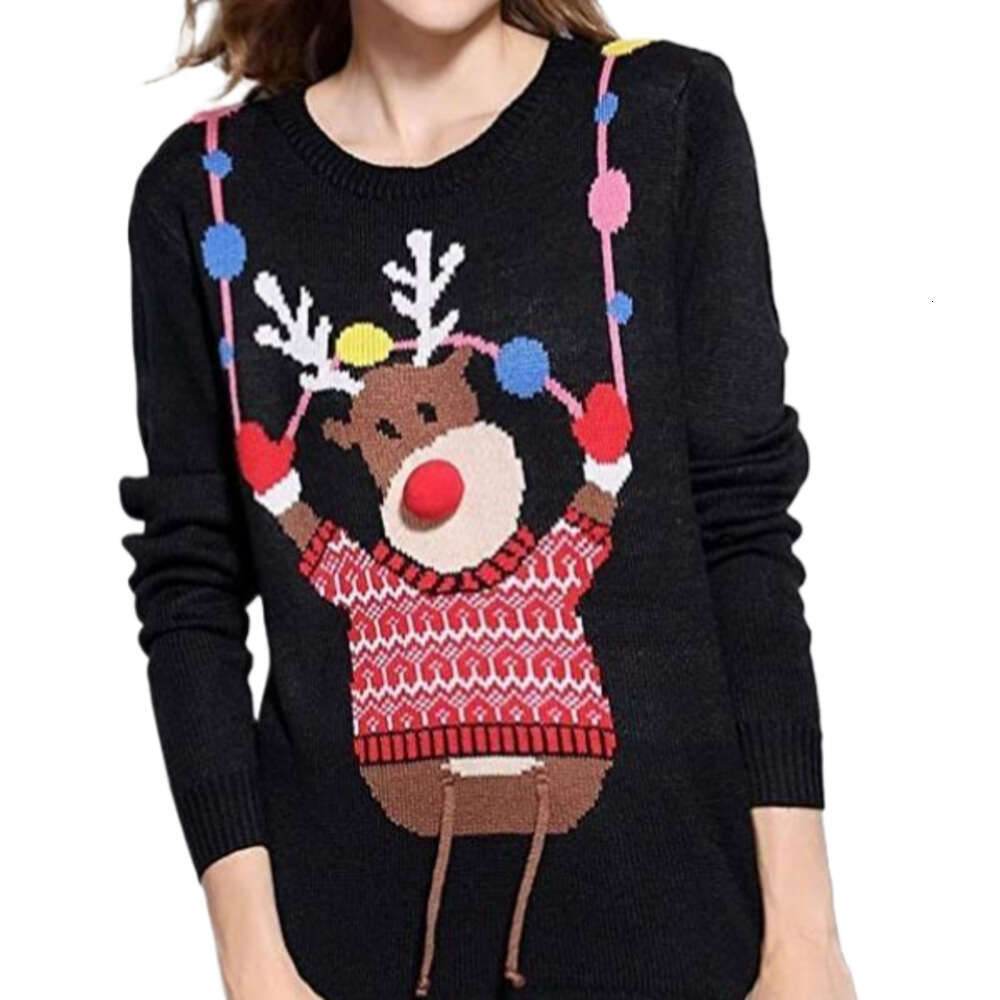 Cartoon jacquard reindeer Christmas sweater, round neck pullover, loose and lazy style women's knitted sweater