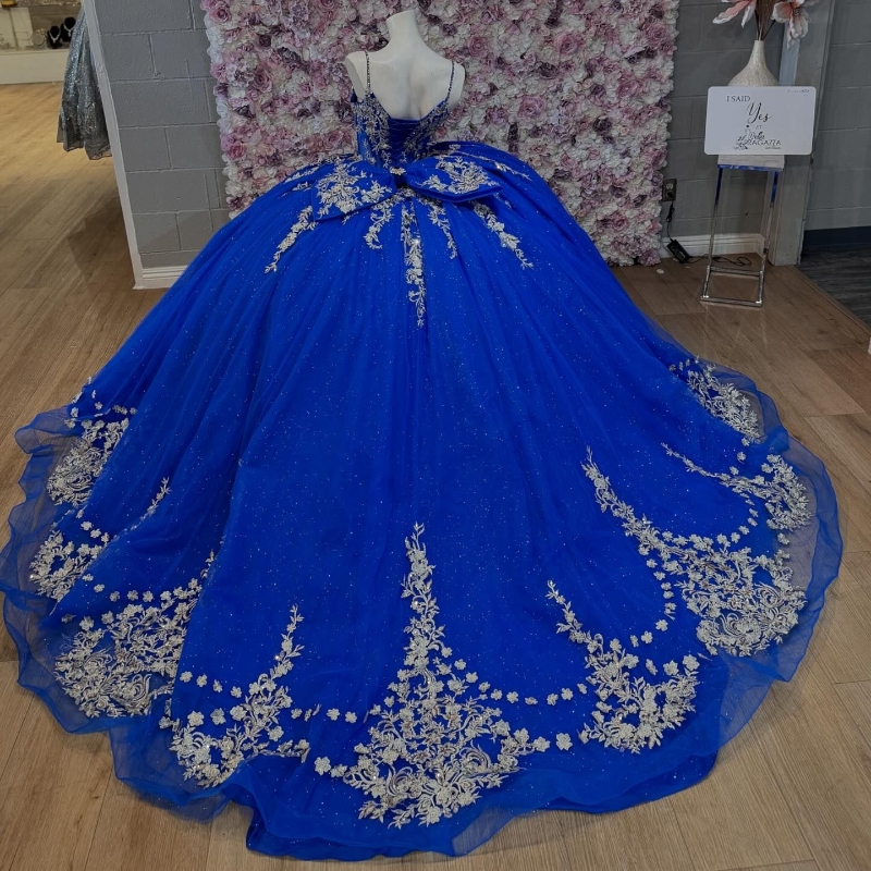 Royal Blue Shiny Quinceanera Dresses Sweetheart Applique Lace Beads Tull Spaghetti Strap Princess Birthday Party Vestidos de 15 anos
