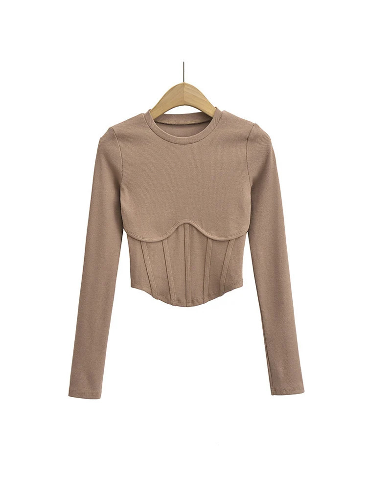 Vintage y2k streetwear white crop tops women long sleeve tees sexy o neck cropped t shirt bright line black cute ribbed 241011