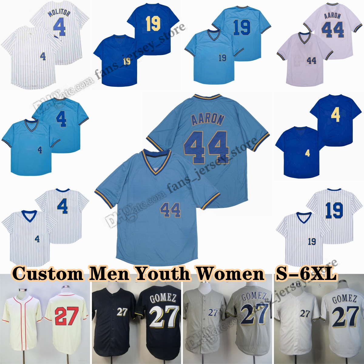 Custom S-6XL Vintage Baseball Jerseys 19 Robin Yount 8 Ryan Braun 1948 27 Carlos Gomez 44 Hank Aaron 4 Molitor Any Name Number Men Youth Women Jersey