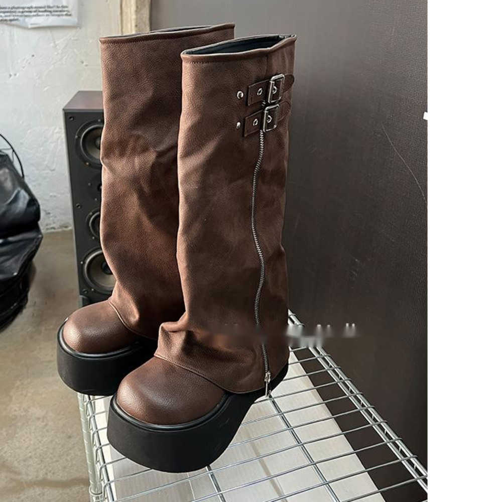 Fishing Thigh High Heel Boots Leather For Women Thick Soled Fashion Boots Model Knee Length Martin Boots Short Bottom Knight Boots 240826