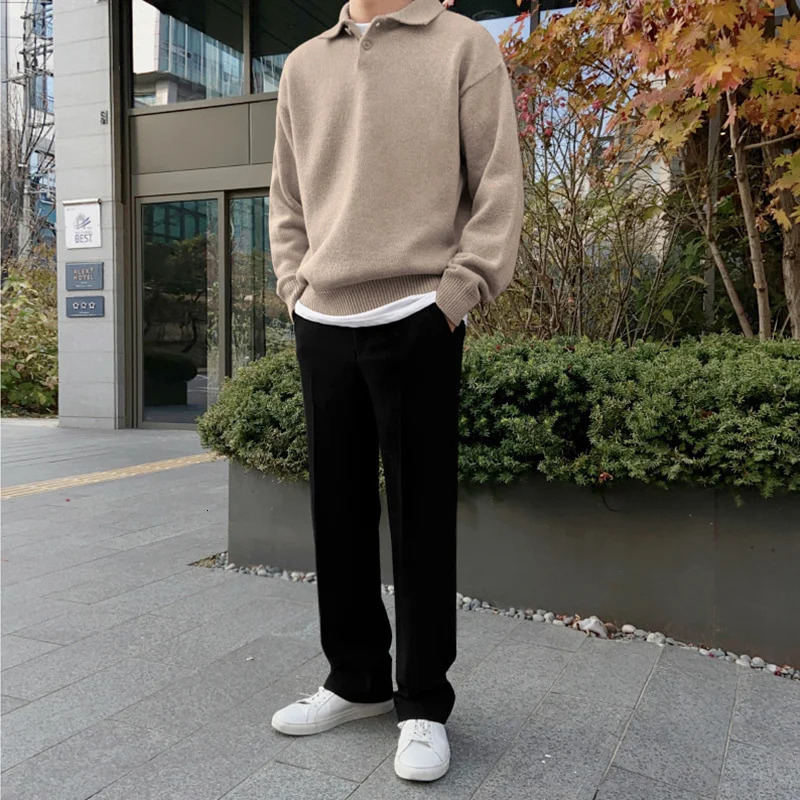 IEFB Korean Fashion Chic Lapel Pullover Knitting Tops Mens Autumn Winter Loose Long Sleeve Sweater Vintage Kinttwear 241007