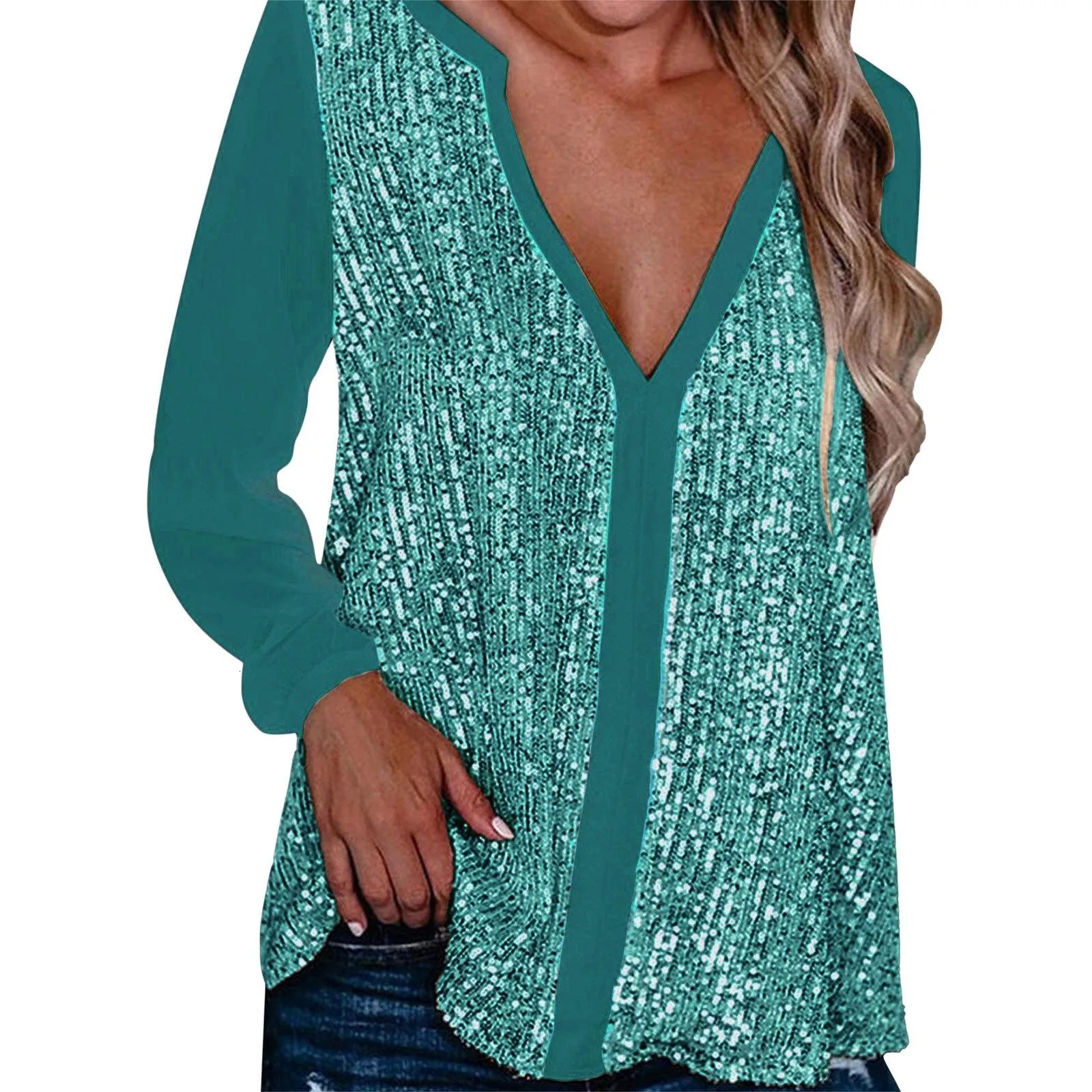 Womens Collar Loose Sexy Plus Size Tops Casual Color V Neck Sequin Blouse Long Sleeve WomenS Shirt 241011