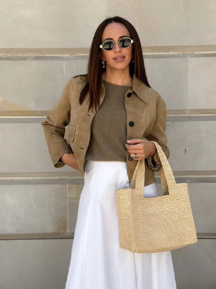 Fashion suede long sleeved Cropped jacket for womens casual lapel single chest pocket jacket autumn womens streetwear 240930