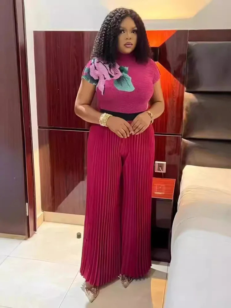 EGRM Miyake Pleated 2 Piece Sets Women Short Sleeve High-End Print Top&Large Size High Waist Folds Wide Leg Pants Set 2024 New