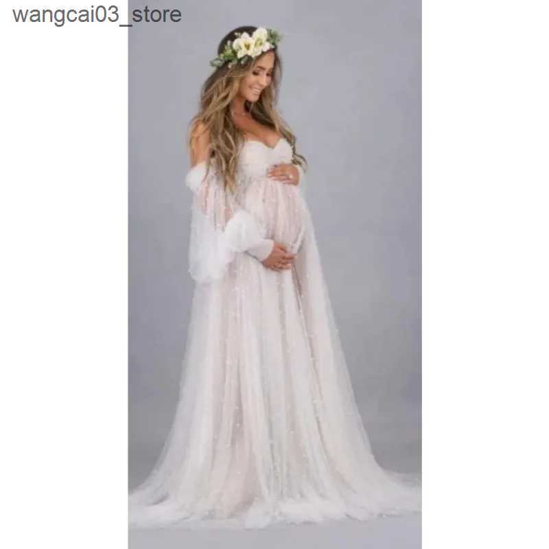 Maternity Dresses Maternity Photography Props Dress Dense Pearl White Yarn Maternity Photography Clothing Babyshower Gown Photo Shoot Pregnant L240910