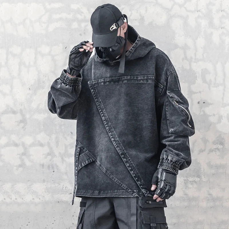 PFNW Dark Mens Denim Hoodie Splicing Ribbon Hoodie Loose Wash Zipper Autumn Mens Sportswear Personalized 12C922 241010