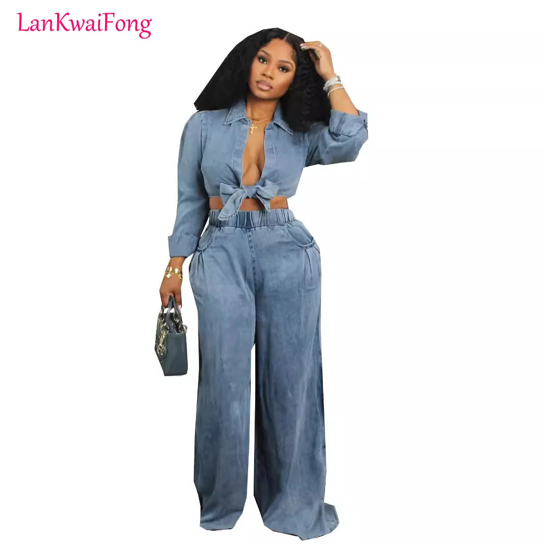 LKF Elegant Communicating Casual Womens Set Long Sleeve Collar Cardigan Belt Top Pocket Wide Leg Pants Two Piece 241008