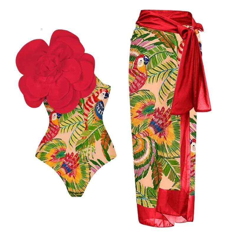 2024 One Piece 3D Large Flower Decoration Sexy Big Beaked Bird Print Swimsuit Set For Women