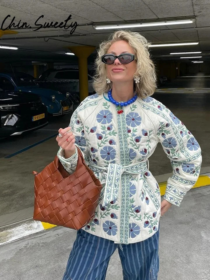 Autumn Winter Printed Cotton Coat with Womens Fashion O-neck Single Chest Lantern Sleeve Womens Coat Loose Womens Street Clothing 240927