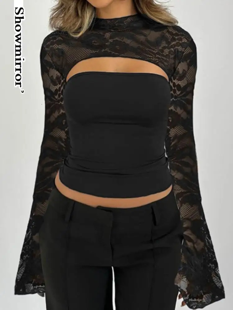 hollowedout lace cropped top tshirt hollow out chest long sleeve sexy y2k Girl party club gothic clothes shirt 241011