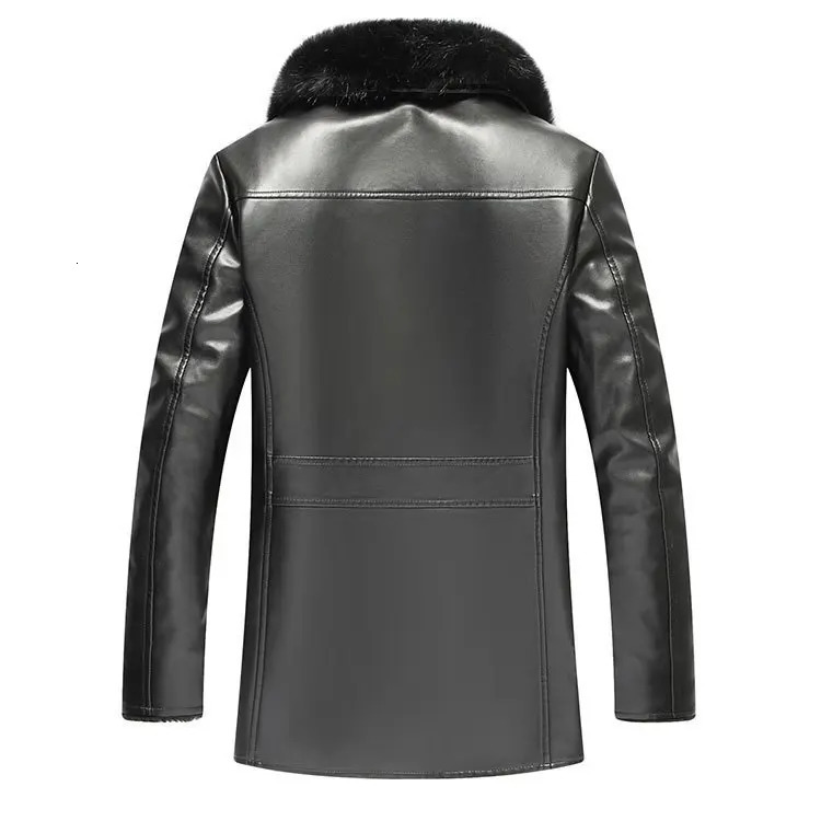 Winter faux fur collar PU leather mens velvet thick warm fluffy coat long sleeved casual black windproof jacket mens plus size 240927