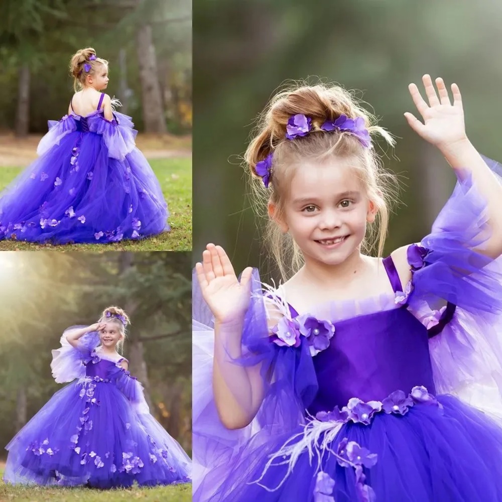 New Purple Flower Girl Dresses Ball Gown Tulle Little Girl Wedding Vintage Communion Pageant Gowns