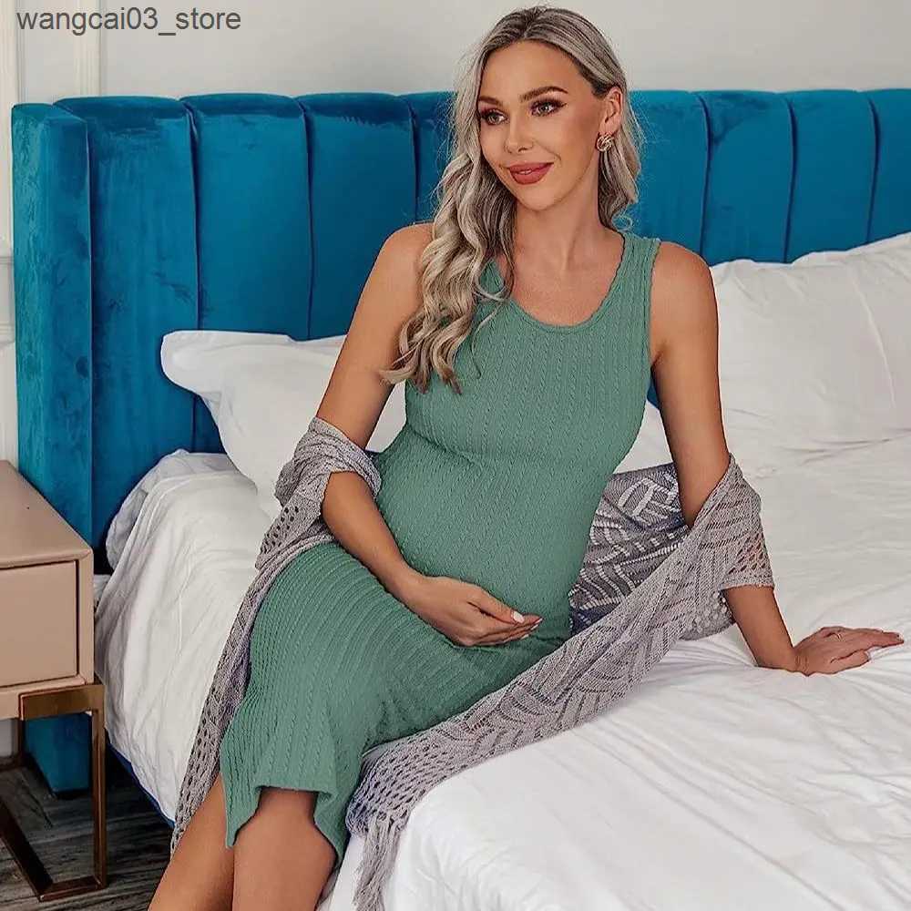 Maternity Dresses Womens Maternity Dress Rib Knit Sleeveless Tank Side Slit Bodycon Dresses Pregnancy Clothes S-XXL L240910 L240910