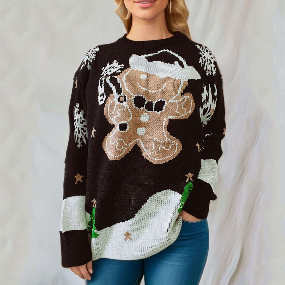 2024 TK Christmas main picture cute snowman pattern round neck long sleeved knitted pullover New Year sweater