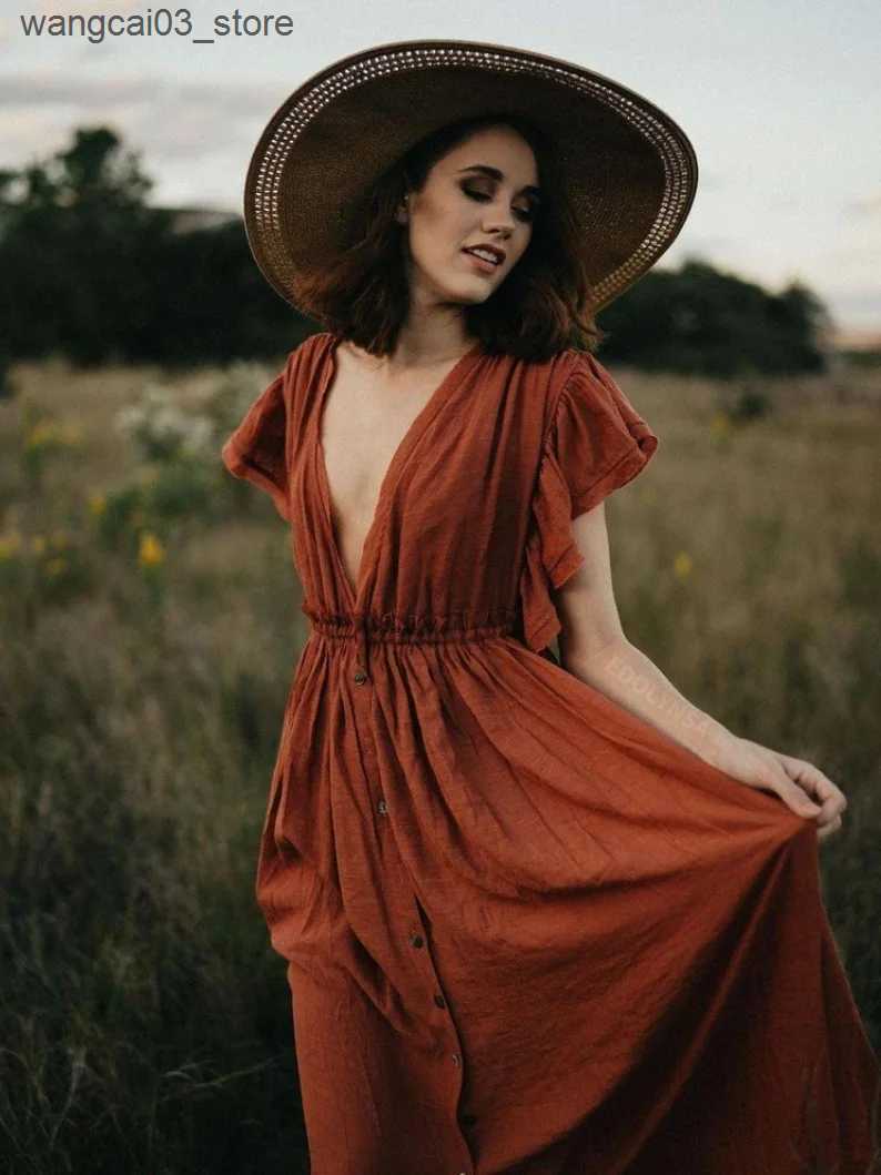 Maternity Dresses Boho Maternity Photography Props Dresses Button Decoration Pregnancy Photo Shoot Bohemian Baby Shower Long Dress Front Slit L240910