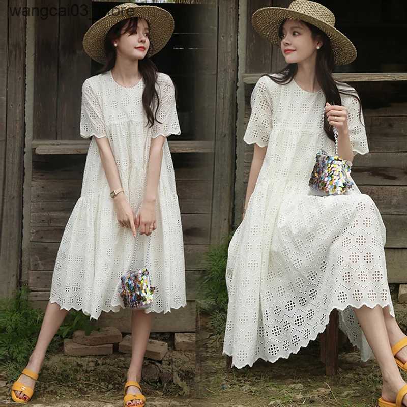 Maternity Dresses 2024 Pregnant Woman Lace Dress Summer Short Sleeve O-Neck Hollow Out Maternity Cotton Dress Sweet Long Loose Princess Clothes L24091