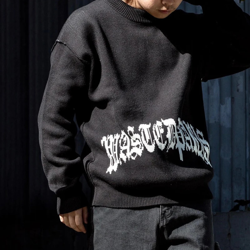 Aesthetics Hip Hop Gothic Y2K Letter Embroidered Knitted Sweater Harajuku Mens and Womens Loose Top Perforated Sportswear 241007