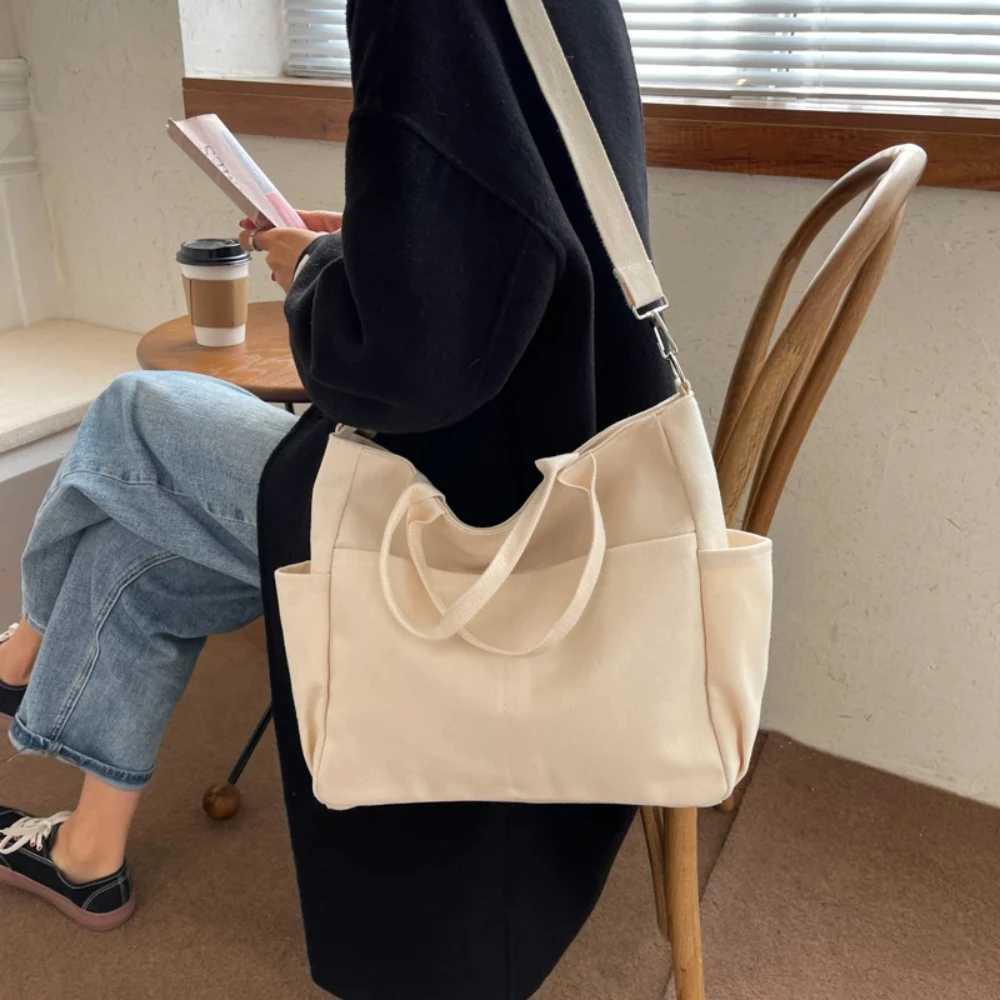 Ins Lazy Wind Canvas Large Bag New Korean Version Single Shoulder Horizontal Bag Womens Simple Literature Solid Color Y241011