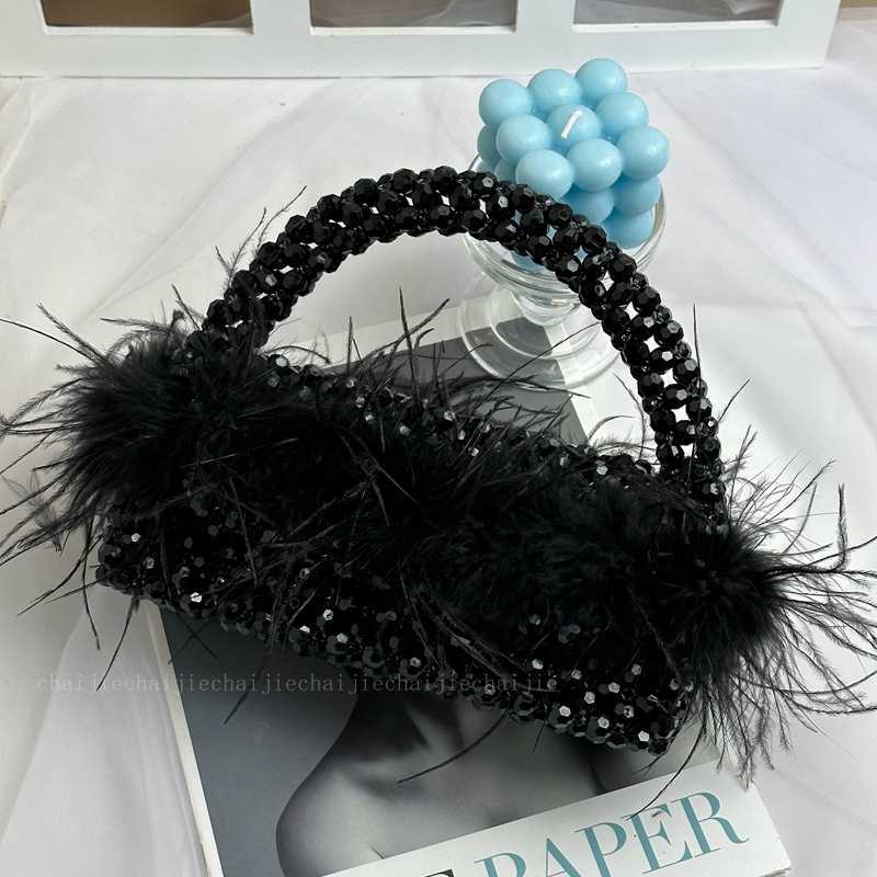 Ostrich Hair Handmade Beaded Bag Autumn/Winter Dinner Fashion Feather Handbag 241015