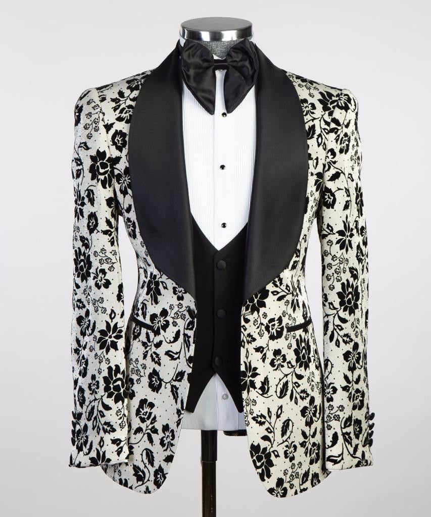 Black Floral Pattern Mens Wedding Tuxedos Shawl Lapel Tailored Pants Suits Birthday Party Prom Groom Wear 2 Pieces Jacket Vest