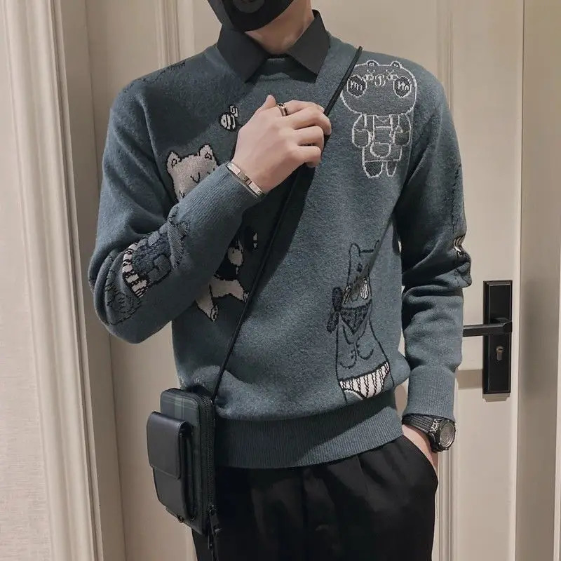 Fashionable O-neck Embroidered Cartoon Sweater Mens Wear Winter Loose Knitted Full Match Lanhua Leisure Warm Top 241007