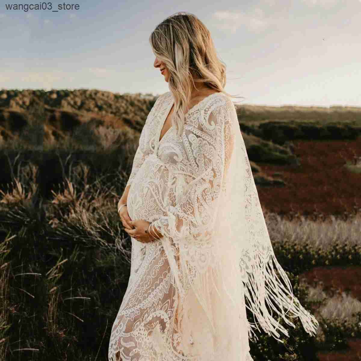 Maternity Dresses Vintage Lace Boho Maternity Photography Dresses V-neck Bohemian Pregnancy Outfit Photoshoot Session Dress L240910
