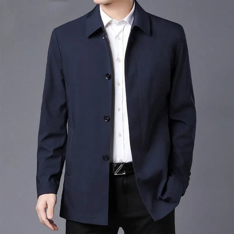 Casual Business Collar Windshield Jacket Mens Coats High Quality Spring Trench Solid Color Medium Length 241011