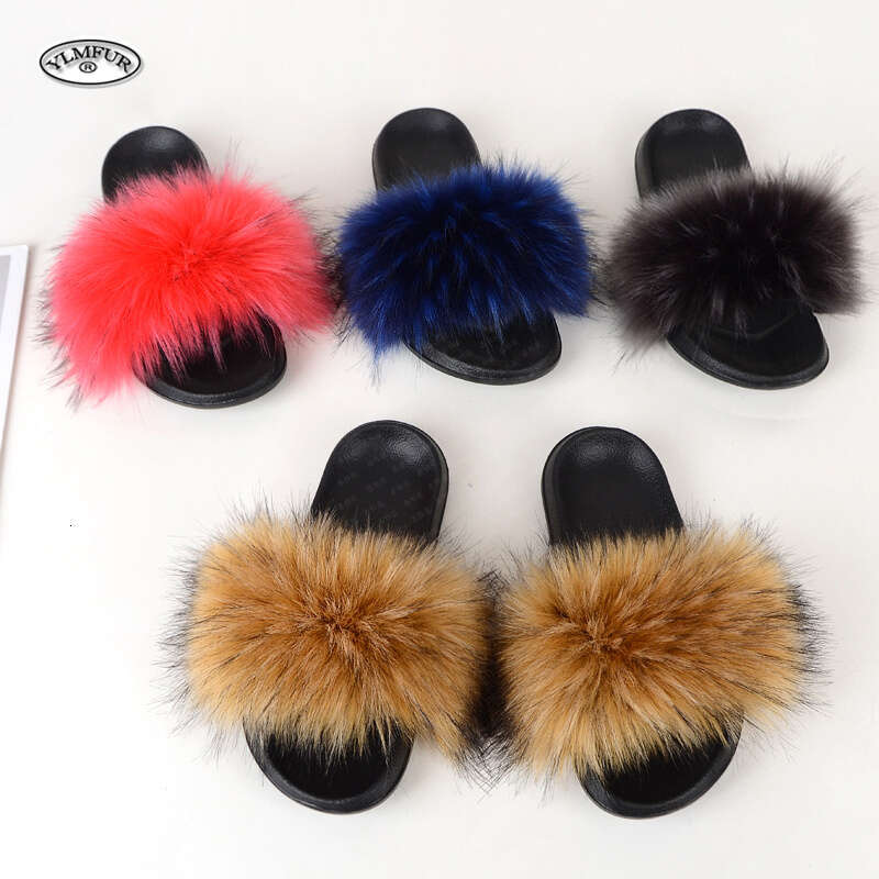 Women's Summer Faux Fox Fur Slippers Fashion Indoor and Outdoor Non-Slip Solid Color Flat Bottom Furry Sandals free shipping shoes