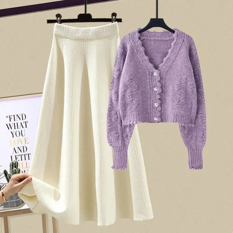 Autumn/Winter Womens Clothing Korean Edition Slim Knitted SweaterHalf Leather Two Piece Set Trendy 241011