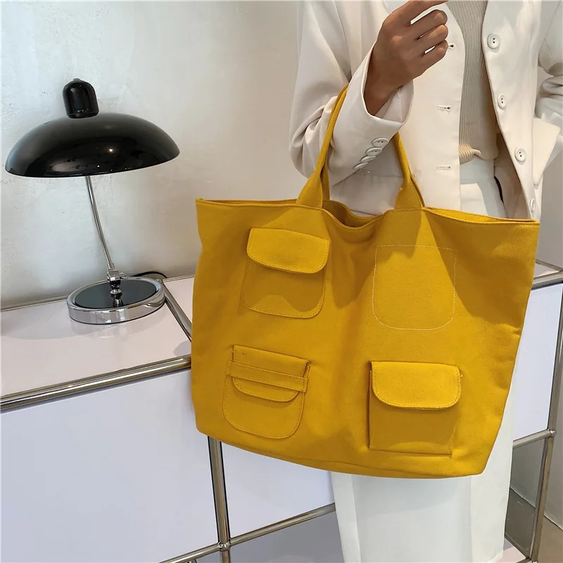 Korean womens canvas handbag INS pocket yellow shoulder shopping bag soft cotton womens handbag 241008