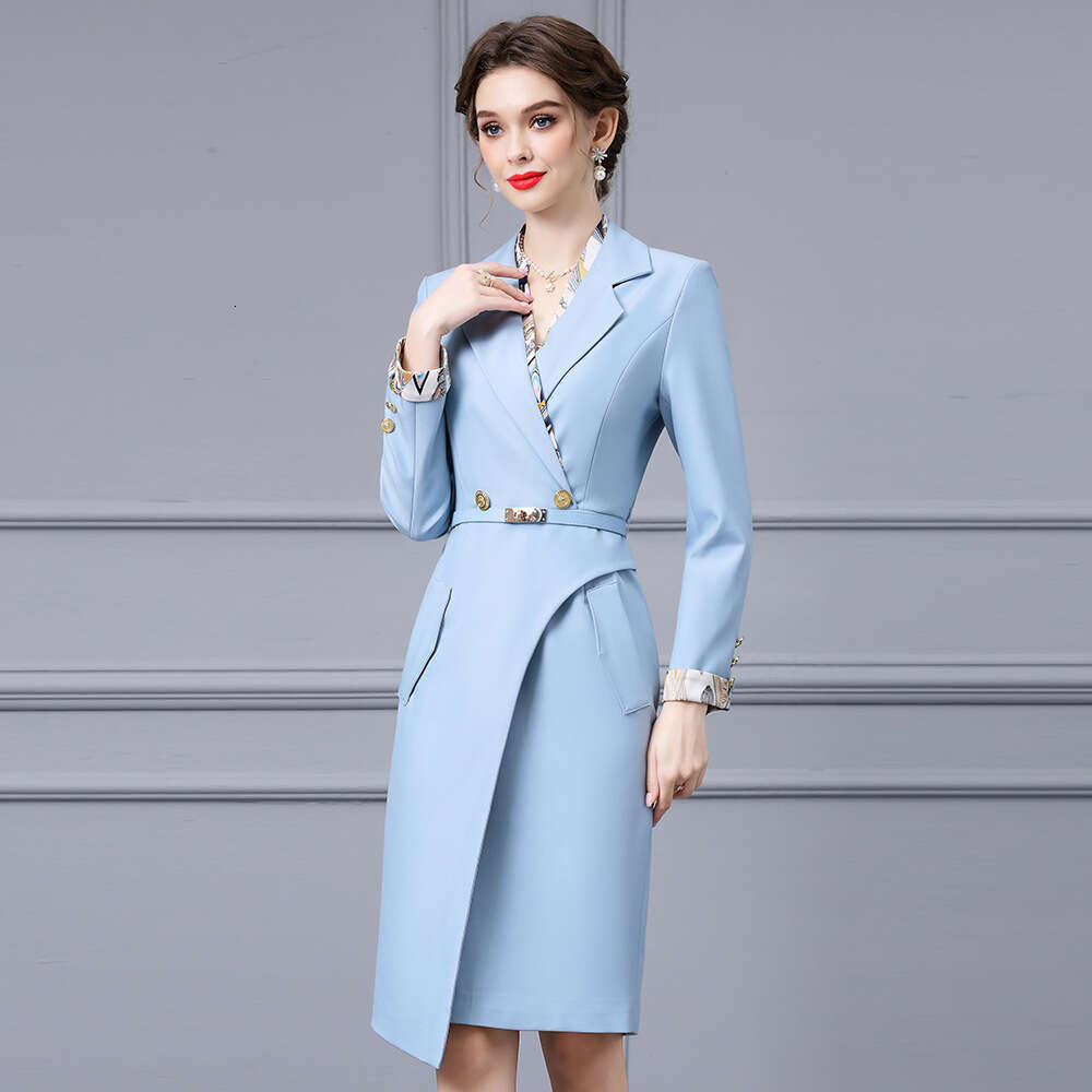 high-end printed patchwork suit 2024 new temperament commuting belt waist cinching dress autumn style