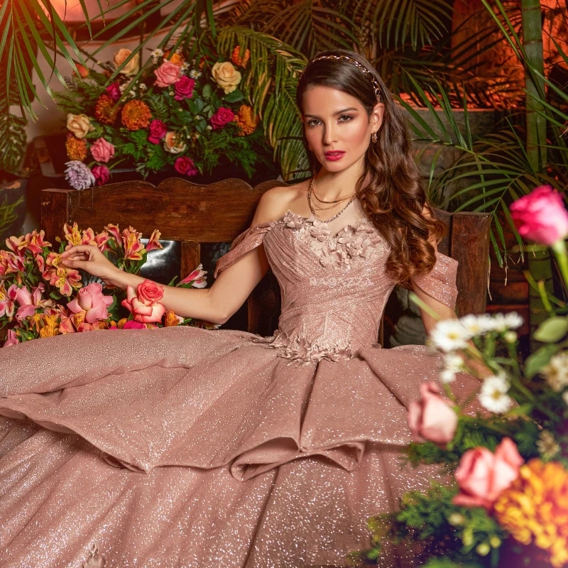 Rose Gold Shiny Ball Gown Princess Quinceanera Dresses Off Shoulder Flower Tulle Sweet 16 Dress Birthday Party Vestidos De 15 Anos