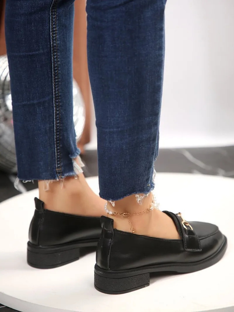 Spring Womens Leather Shoes British Style Metal Chain Black Mary Jane Low Boots Womens Casual Loafers Plus Size 43 241007