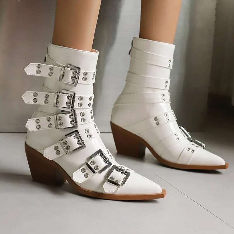 2024 European And American Style Patent Leather Pointed Toe Thick Front Lace Up For Women's Fashion Cross Tie Long Boots