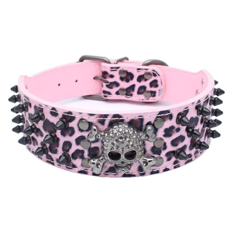 Dog Collar 3 Rows Bullet Rivets Studded PU Leather - Cool Skull Pet Accessories for Medium and Large Dogs