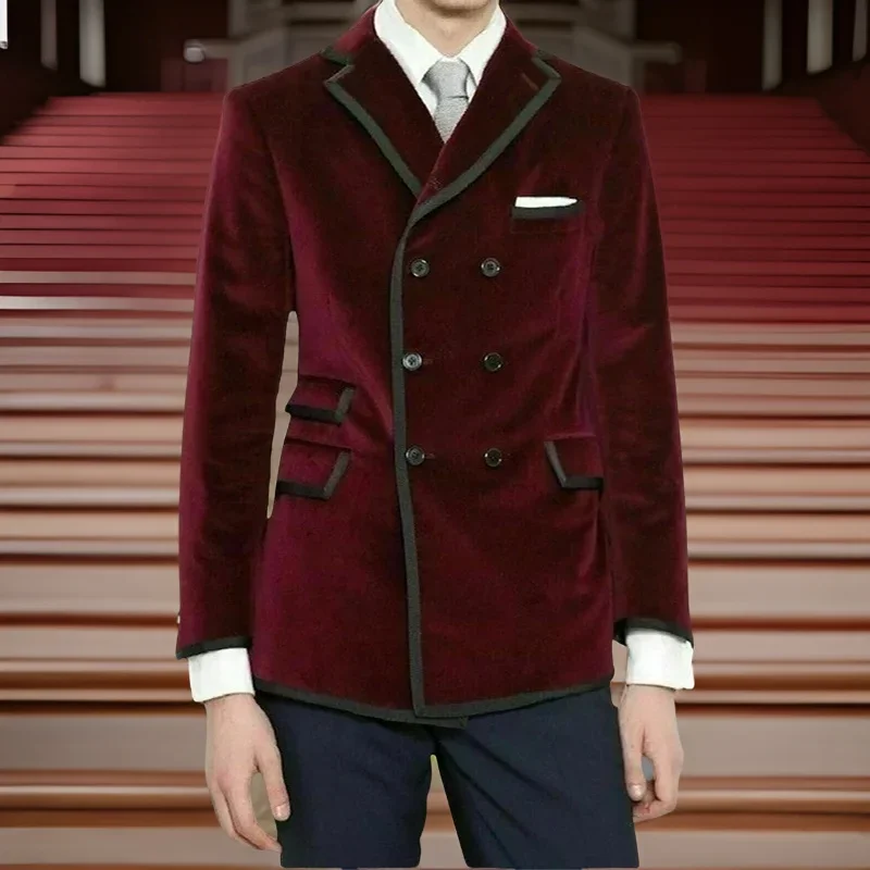 Double Breasted Men Suits Slim Fit 2 Pcs Wedding Tuxedos For Groom Prom Fashion Velvet Smoking Blazer ( Jacket+Pants) 2024