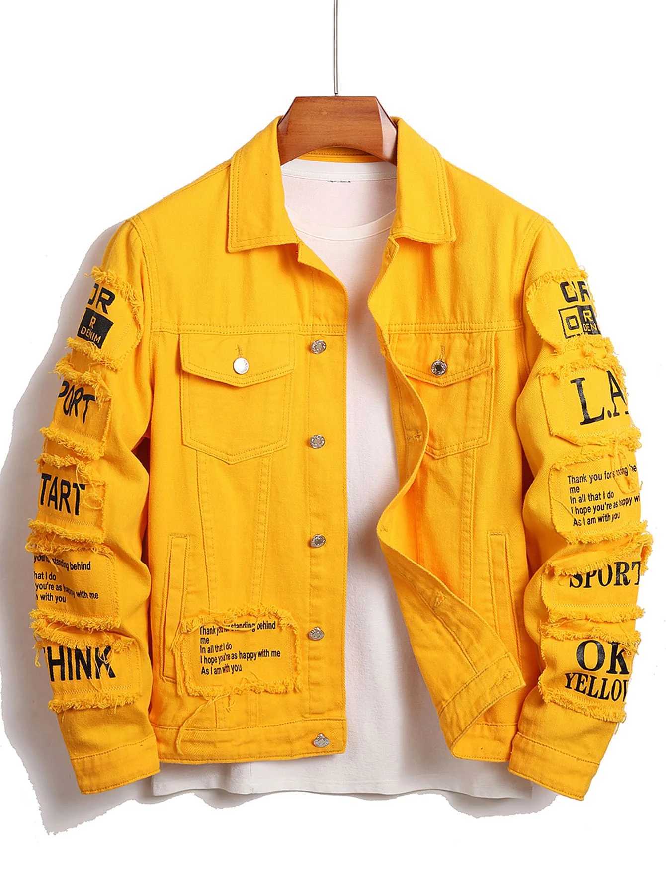 Mens y2k denim jacket with patch windproof cotton truck stretch denim jacket denim hiking letter motorcycle jacket W241011